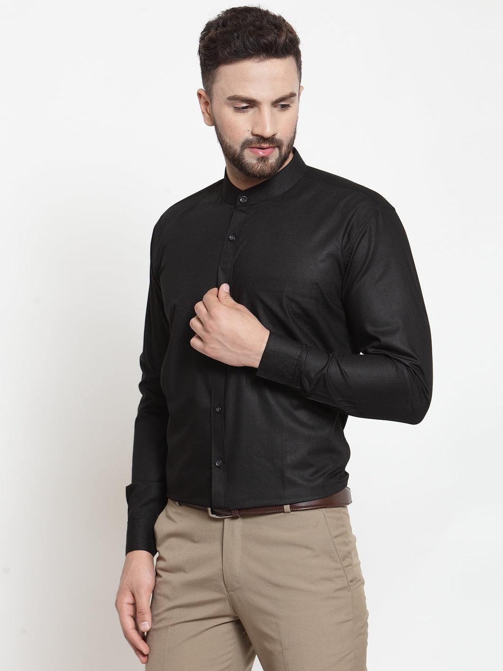Jainish Black Men's Cotton Solid Mandarin Collar Formal Shirts ( SF 726Black ) | Grocsy
