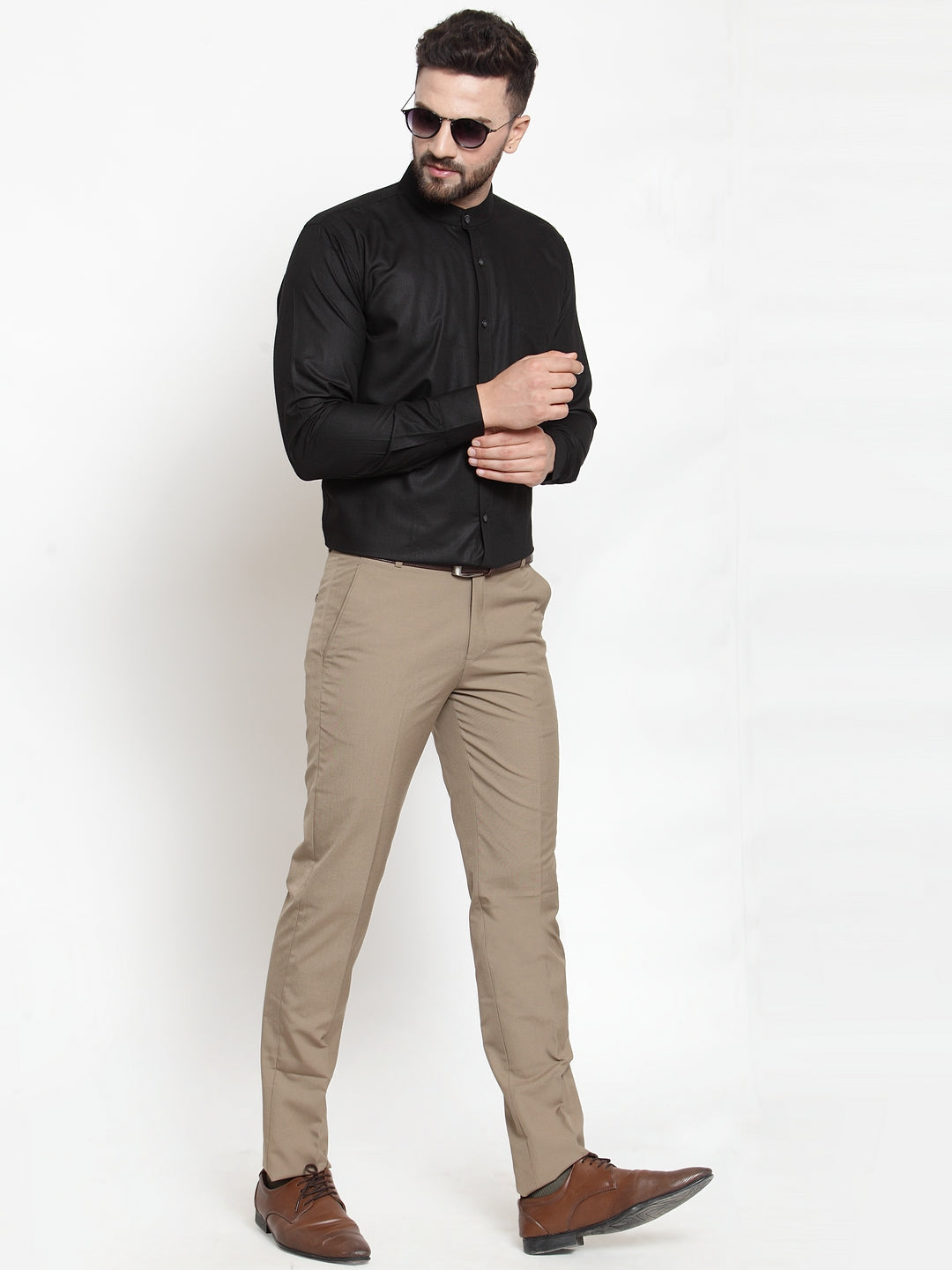 Jainish Black Men's Cotton Solid Mandarin Collar Formal Shirts ( SF 726Black ) | Grocsy