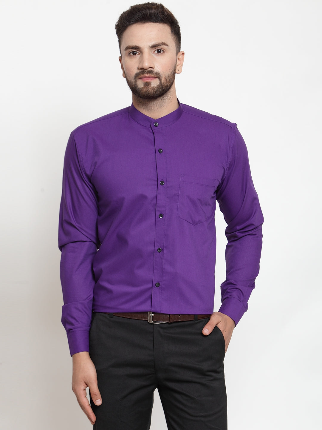 Jainish Purple Men's Cotton Solid Mandarin Collar Formal Shirts ( SF 726Purple ) | Grocsy