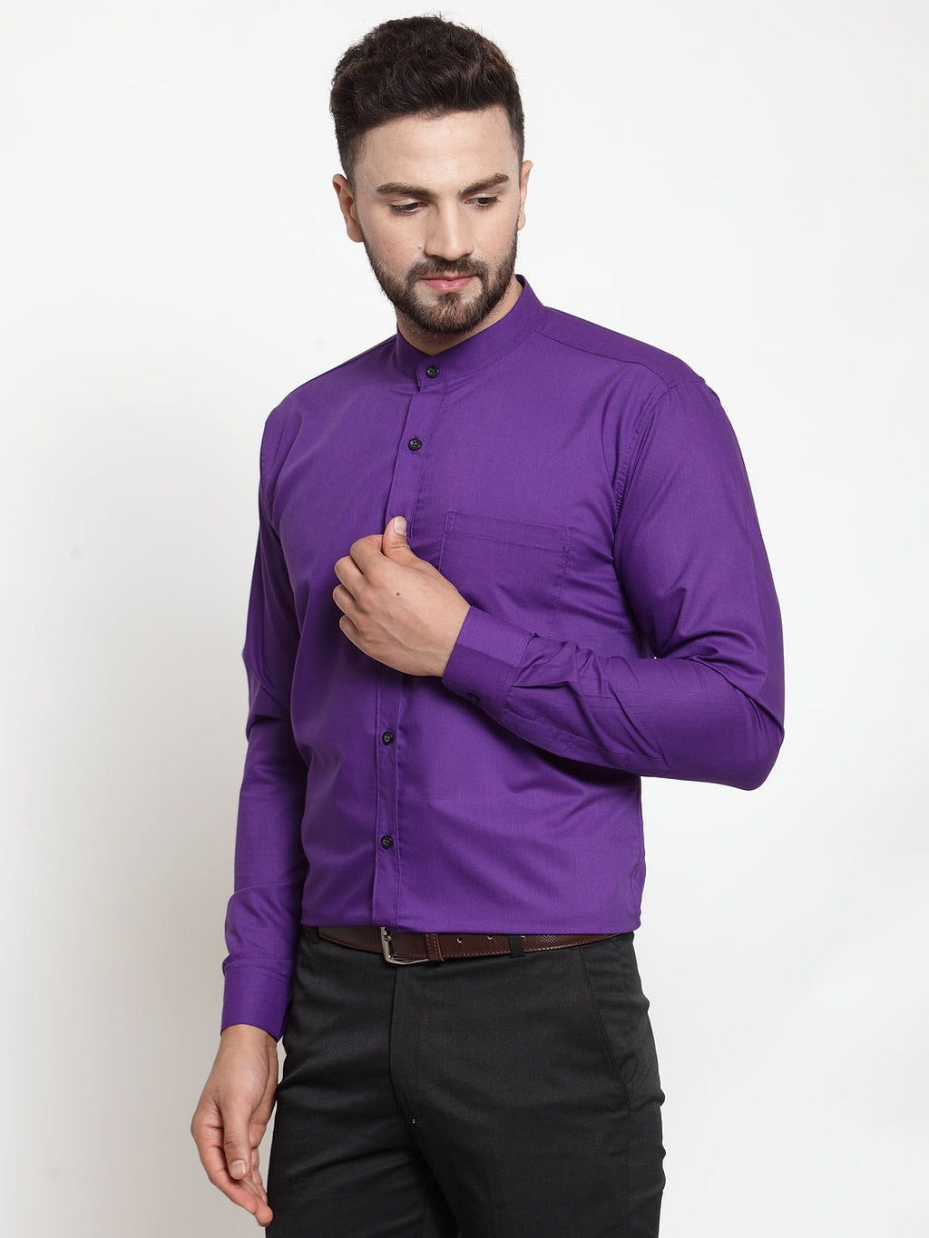 Jainish Purple Men's Cotton Solid Mandarin Collar Formal Shirts ( SF 726Purple ) | Grocsy