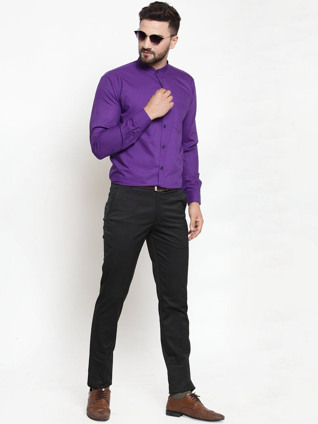 Jainish Purple Men's Cotton Solid Mandarin Collar Formal Shirts ( SF 726Purple ) | Grocsy
