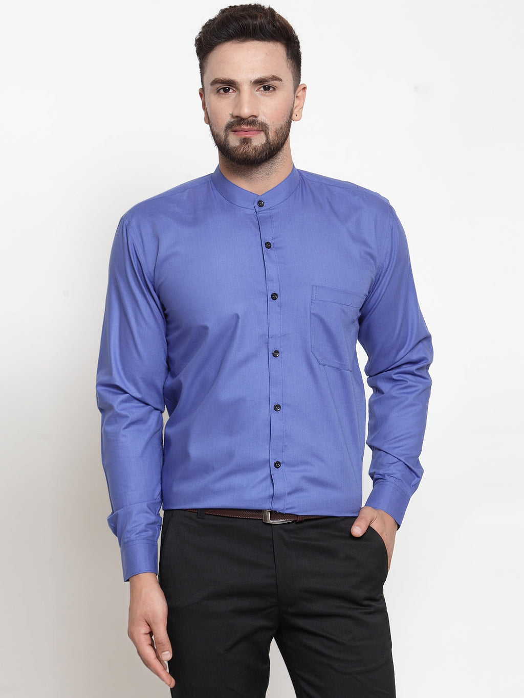 Jainish Blue Men's Cotton Solid Mandarin Collar Formal Shirts ( SF 726Royal-Blue ) | Grocsy