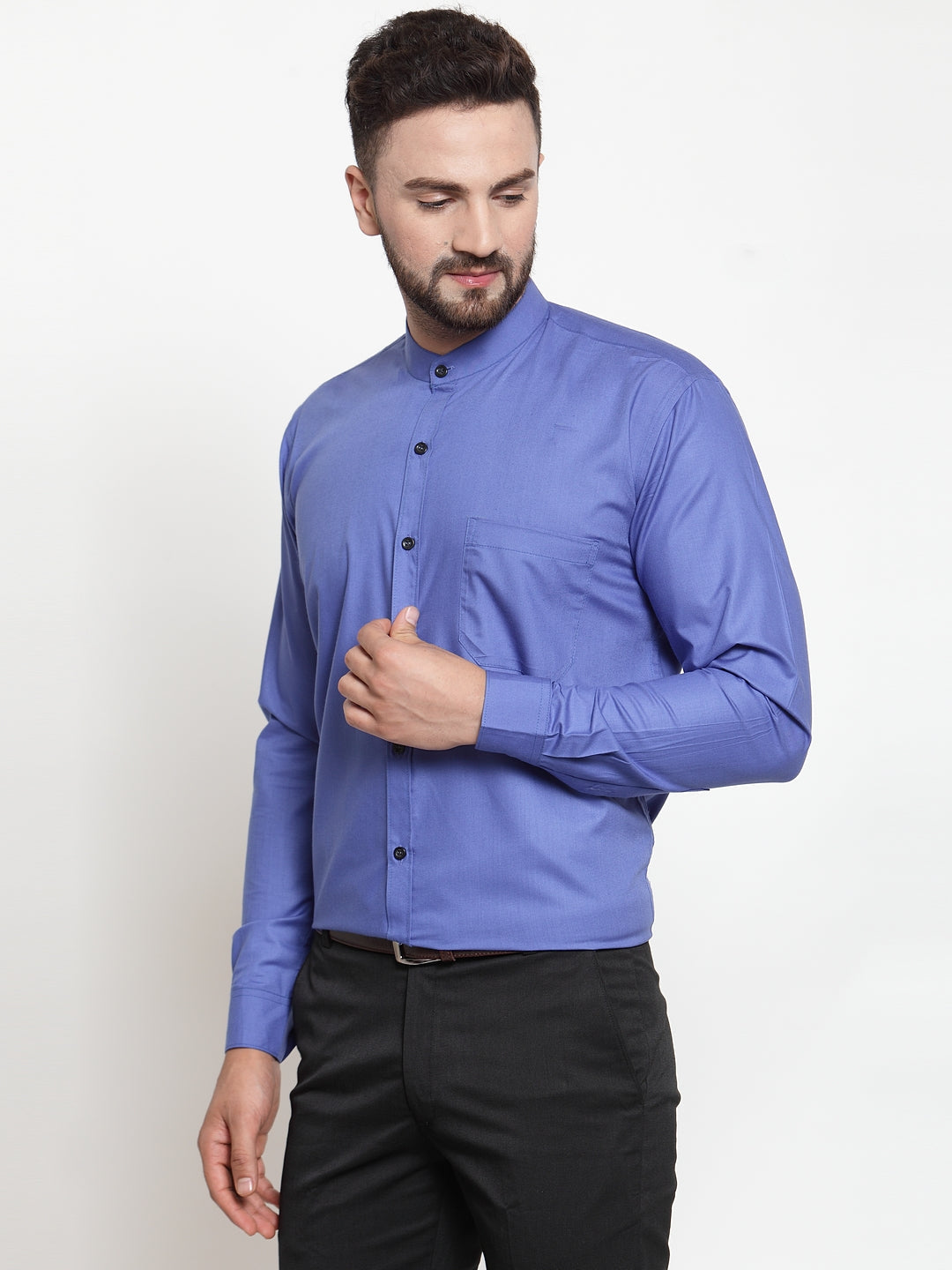 Jainish Blue Men's Cotton Solid Mandarin Collar Formal Shirts ( SF 726Royal-Blue ) | Grocsy