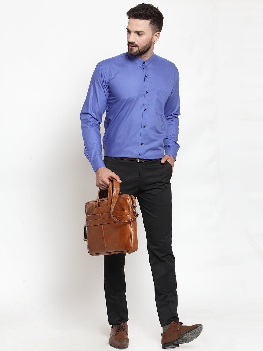 Jainish Blue Men's Cotton Solid Mandarin Collar Formal Shirts ( SF 726Royal-Blue ) | Grocsy