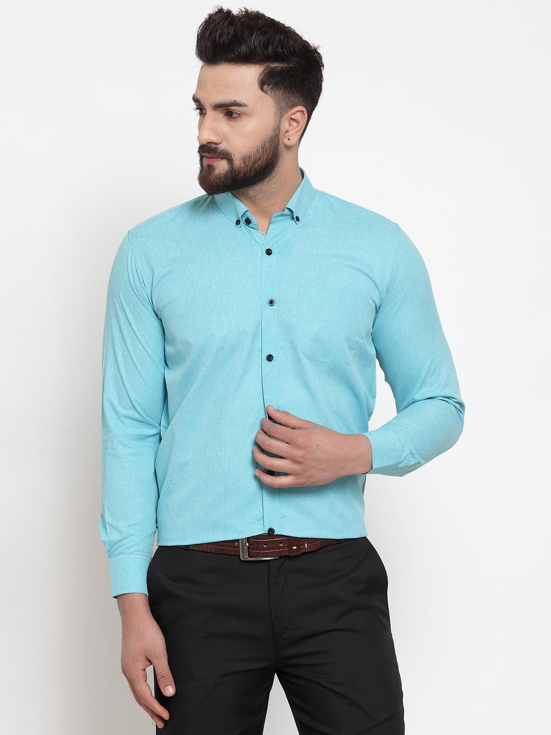 Jainish Green Men's Cotton Solid Button Down Formal Shirts ( SF 734Aqua ) | Grocsy