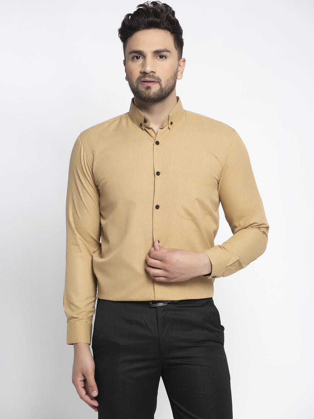 Jainish Beige Men's Cotton Solid Button Down Formal Shirts ( SF 734Beige ) | Grocsy