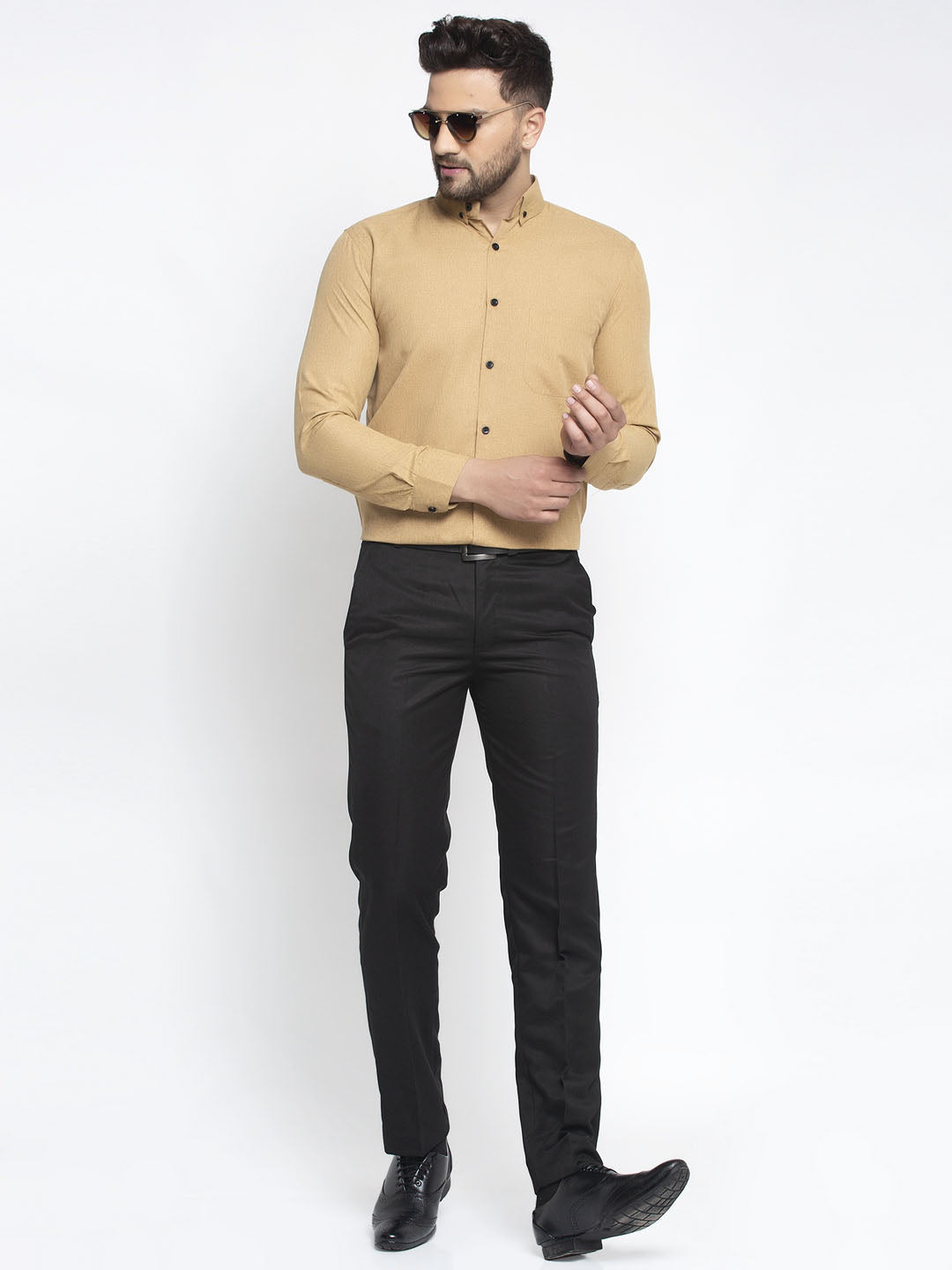 Jainish Beige Men's Cotton Solid Button Down Formal Shirts ( SF 734Beige ) | Grocsy