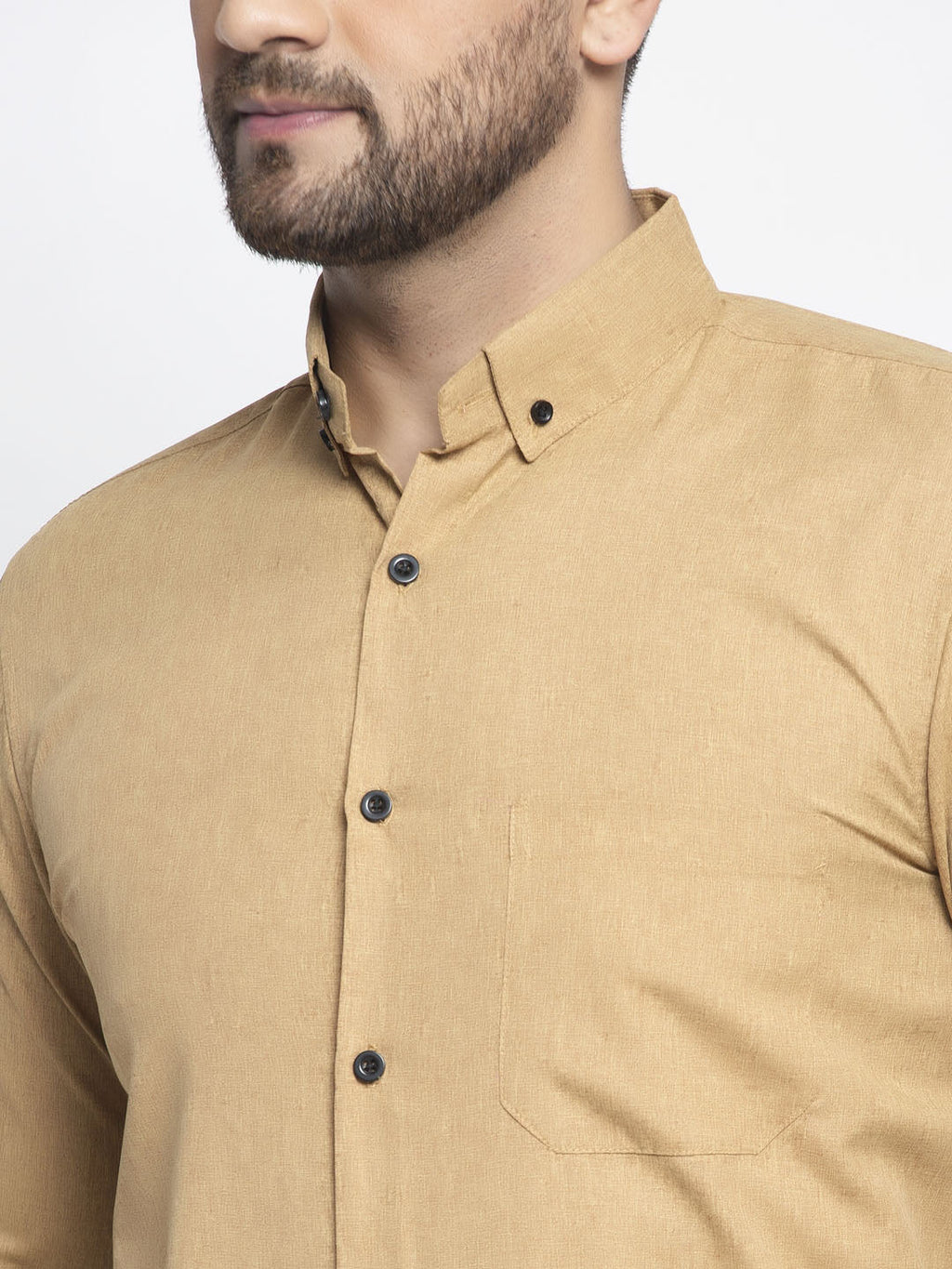 Jainish Beige Men's Cotton Solid Button Down Formal Shirts ( SF 734Beige ) | Grocsy