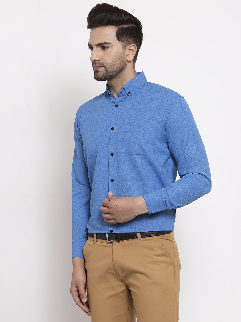 Jainish Blue Men's Cotton Solid Button Down Formal Shirts ( SF 734Blue ) | Grocsy
