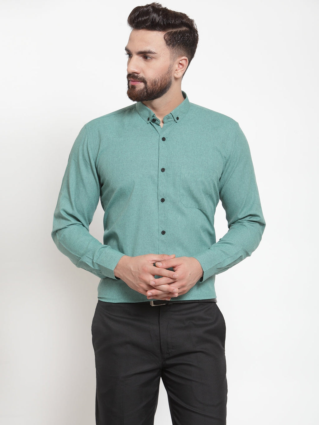 Jainish Green Men's Cotton Solid Button Down Formal Shirts ( SF 734Green ) | Grocsy