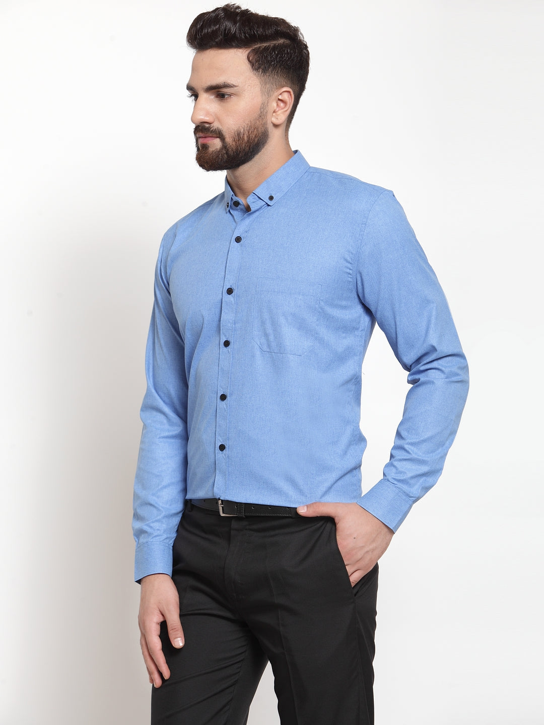 Jainish Blue Men's Cotton Solid Button Down Formal Shirts ( SF 734Light-Blue ) | Grocsy