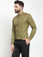 Jainish Olive Men's Cotton Solid Button Down Formal Shirts ( SF 734Olive ) | Grocsy
