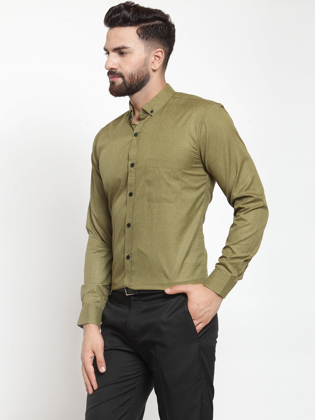 Jainish Olive Men's Cotton Solid Button Down Formal Shirts ( SF 734Olive ) | Grocsy