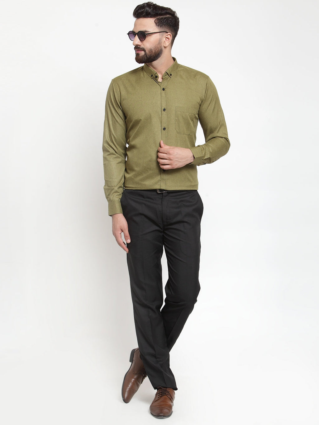 Jainish Olive Men's Cotton Solid Button Down Formal Shirts ( SF 734Olive ) | Grocsy