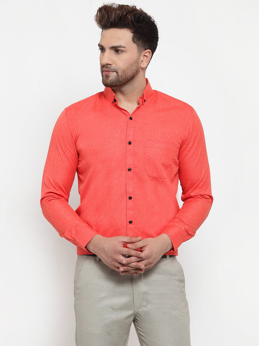 Jainish Orange Men's Cotton Solid Button Down Formal Shirts ( SF 734Orange ) | Grocsy