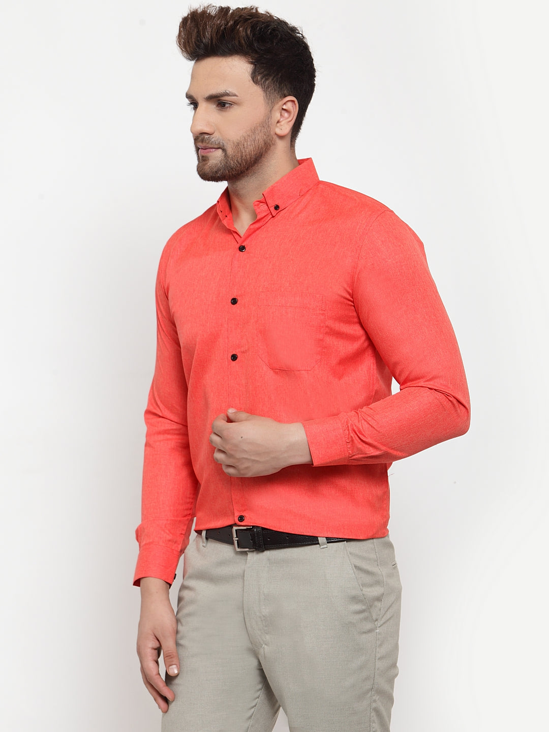 Jainish Orange Men's Cotton Solid Button Down Formal Shirts ( SF 734Orange ) | Grocsy