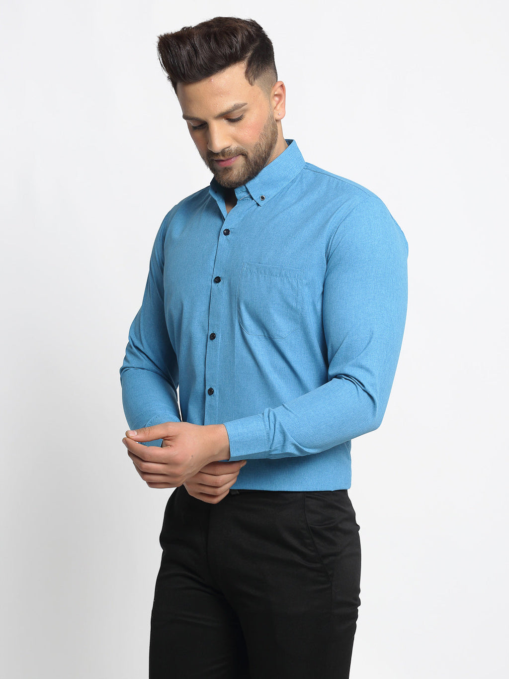 Jainish Blue Men's Cotton Solid Button Down Formal Shirts ( SF 734Sky ) | Grocsy