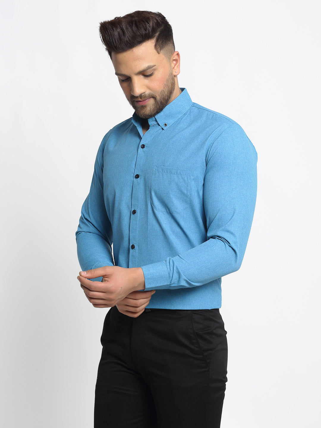 Jainish Blue Men's Cotton Solid Button Down Formal Shirts ( SF 734Sky ) | Grocsy