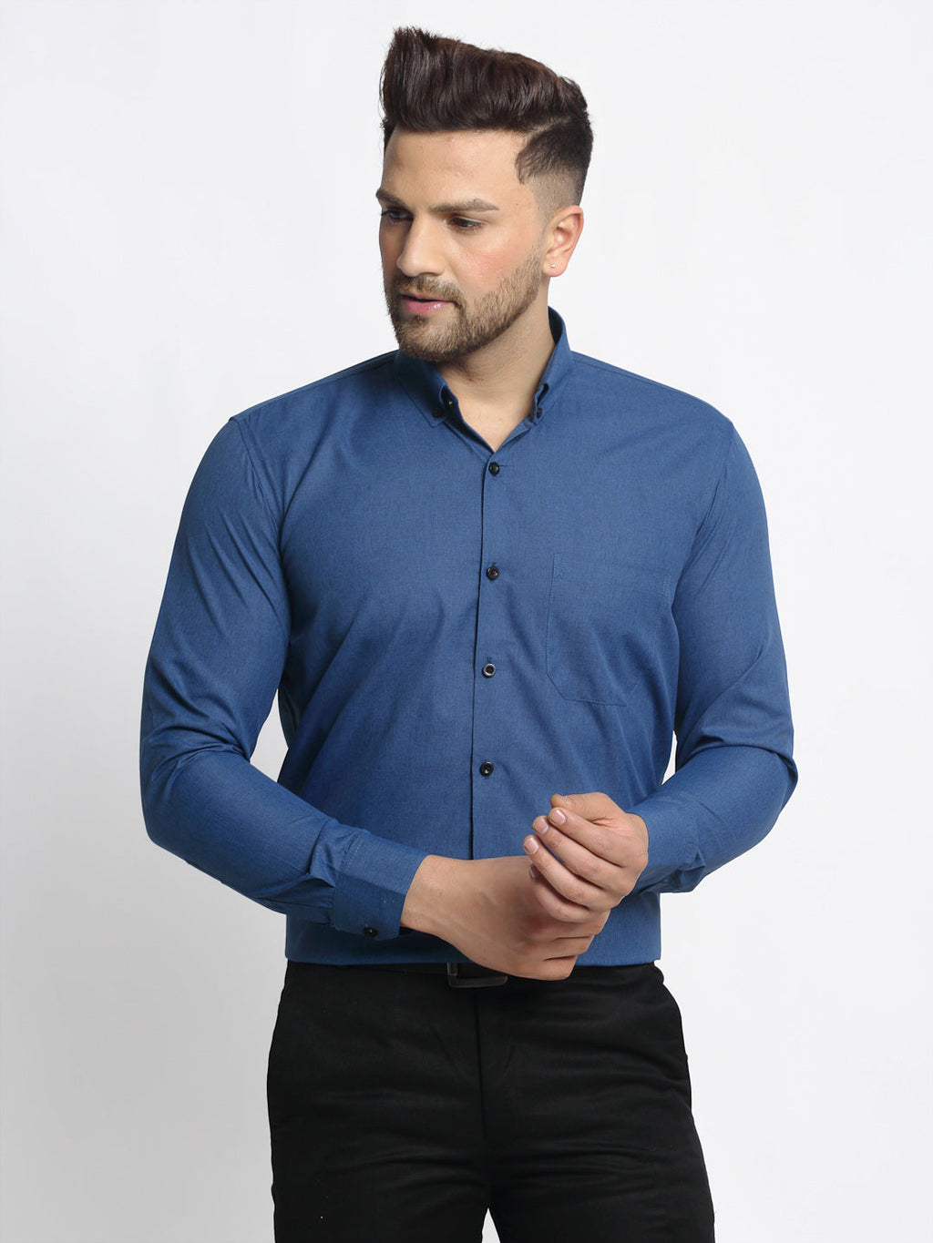Jainish Navy Men's Cotton Solid Button Down Formal Shirts ( SF 734Teal ) | Grocsy
