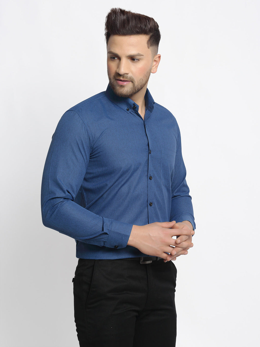 Jainish Navy Men's Cotton Solid Button Down Formal Shirts ( SF 734Teal ) | Grocsy