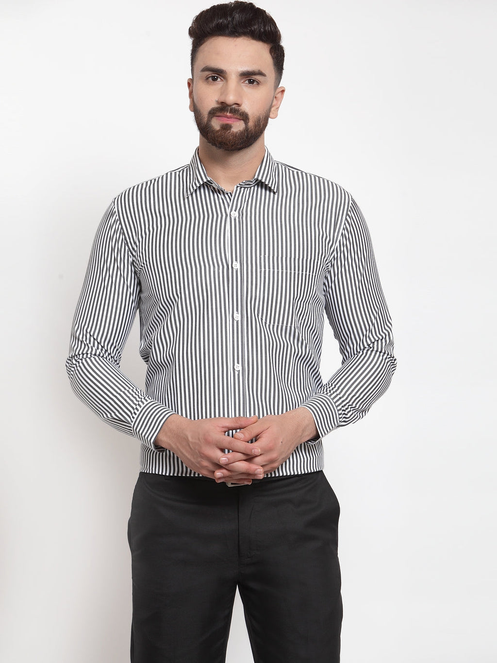 Jainish Black Men's Cotton Striped Formal Shirts ( SF 735Black ) | Grocsy