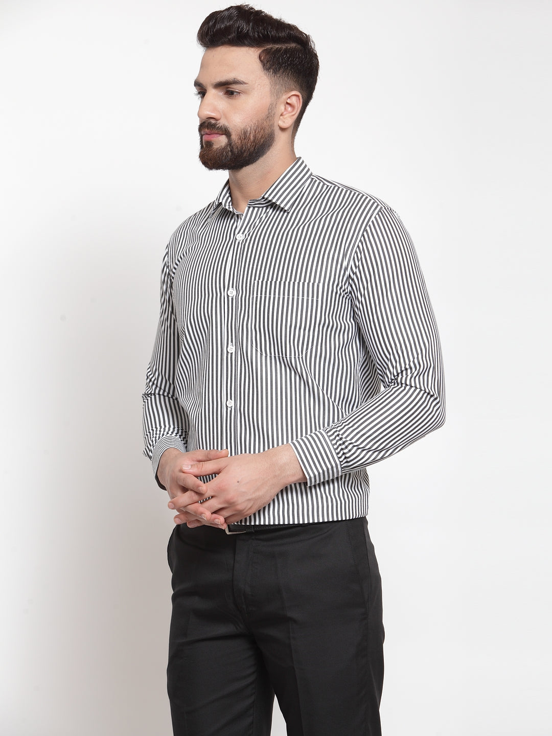 Jainish Black Men's Cotton Striped Formal Shirts ( SF 735Black ) | Grocsy