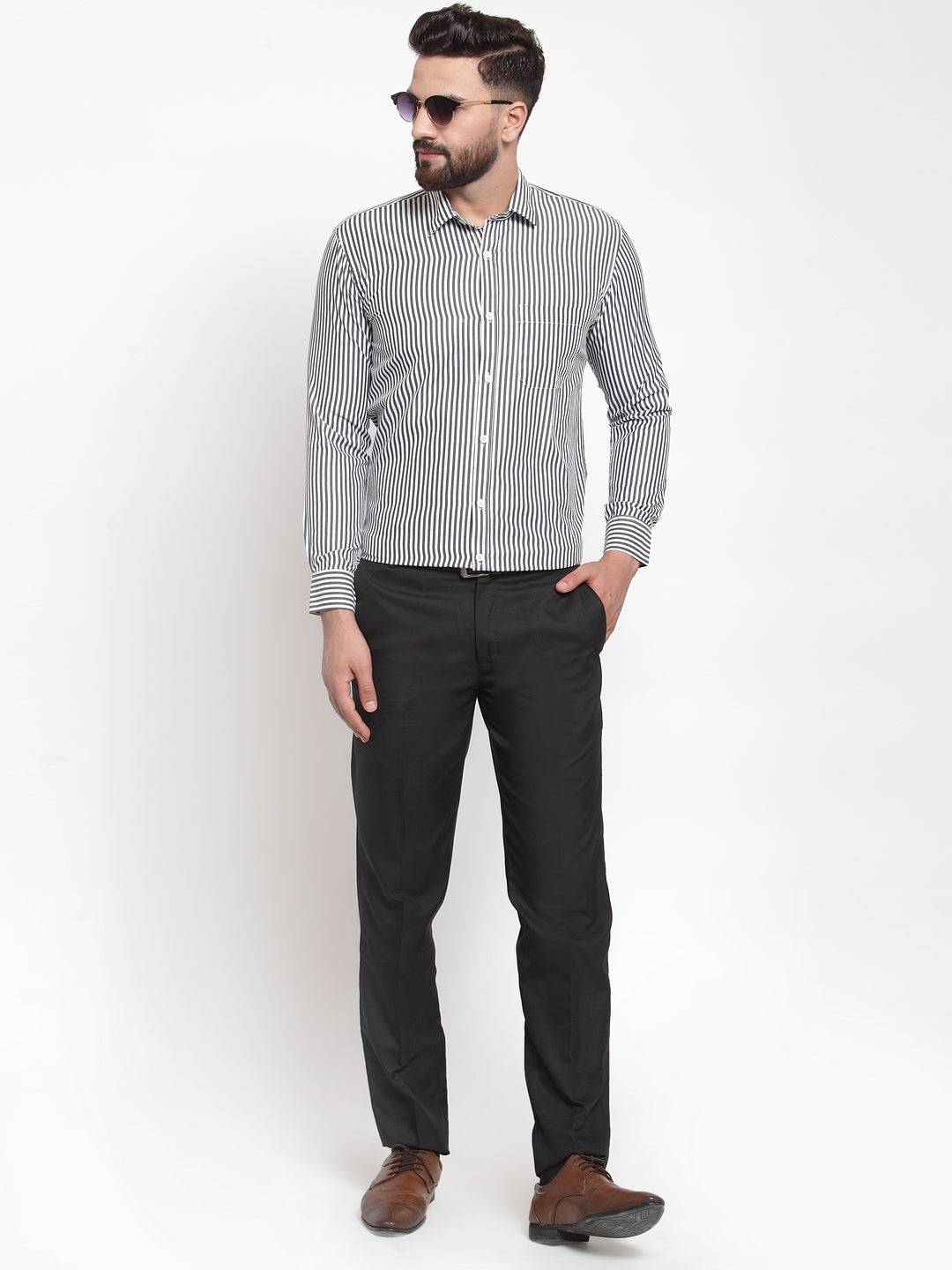 Jainish Black Men's Cotton Striped Formal Shirts ( SF 735Black ) | Grocsy