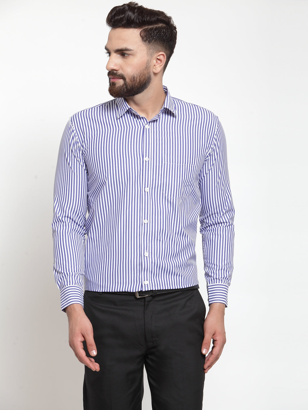 Jainish Blue Men's Cotton Striped Formal Shirts ( SF 735Blue ) | Grocsy
