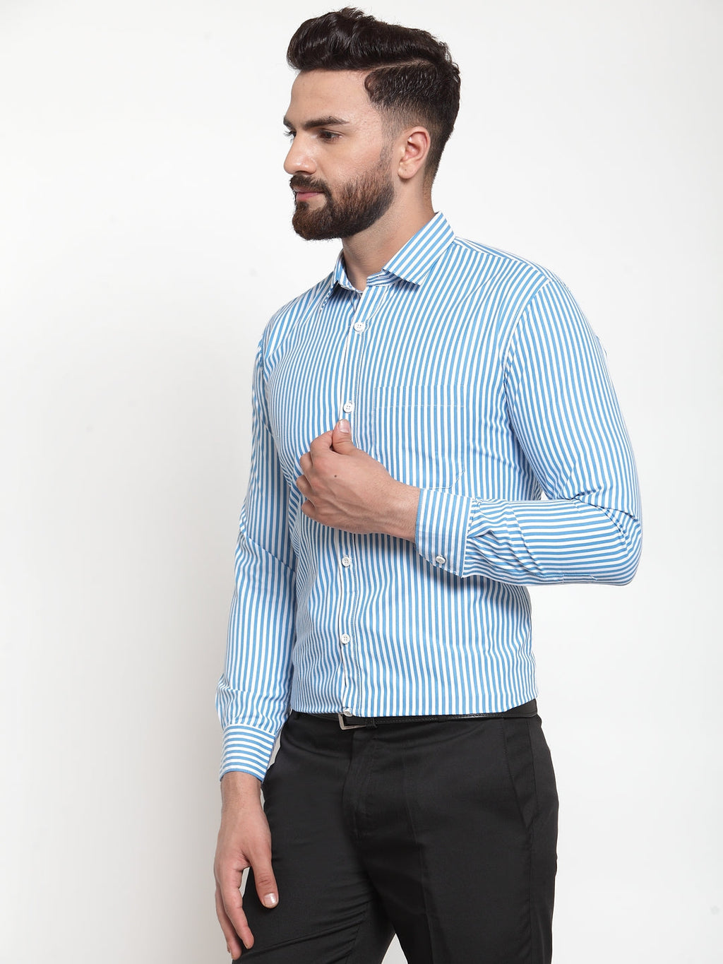 Jainish Blue Men's Cotton Striped Formal Shirts ( SF 735Sky ) | Grocsy