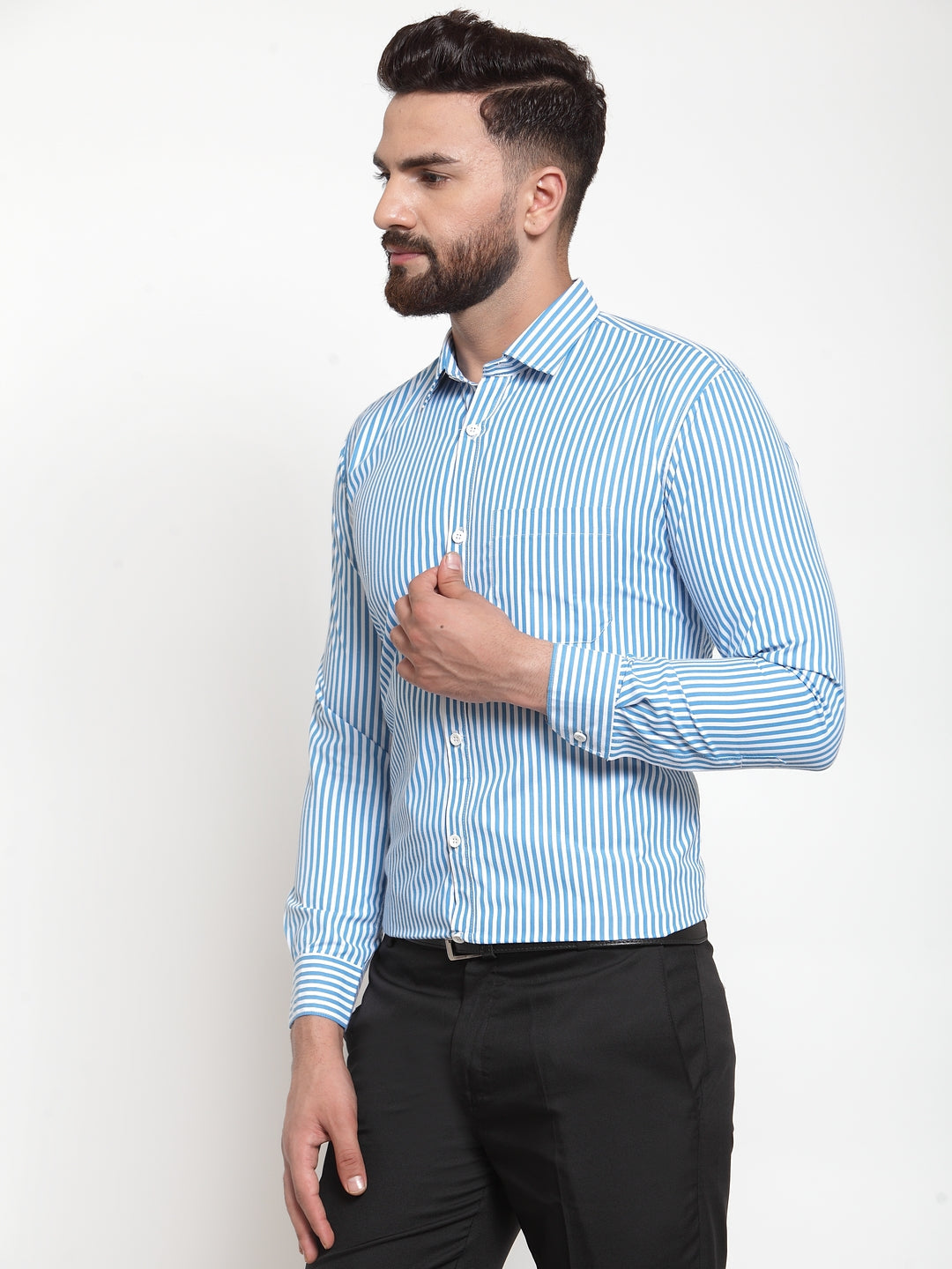 Jainish Blue Men's Cotton Striped Formal Shirts ( SF 735Sky ) | Grocsy