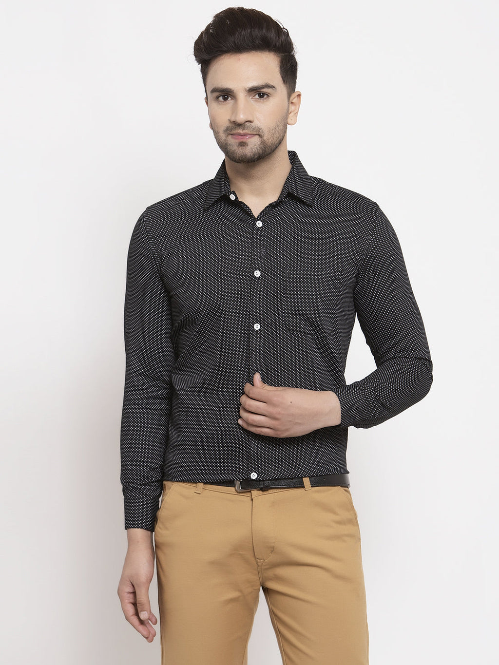 Jainish Black Men's Cotton Polka Dots Formal Shirts ( SF 736Black ) | Grocsy