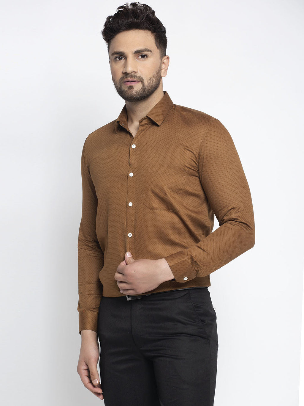 Jainish Brown Men's Cotton Polka Dots Formal Shirts ( SF 736Dark-Brown ) | Grocsy