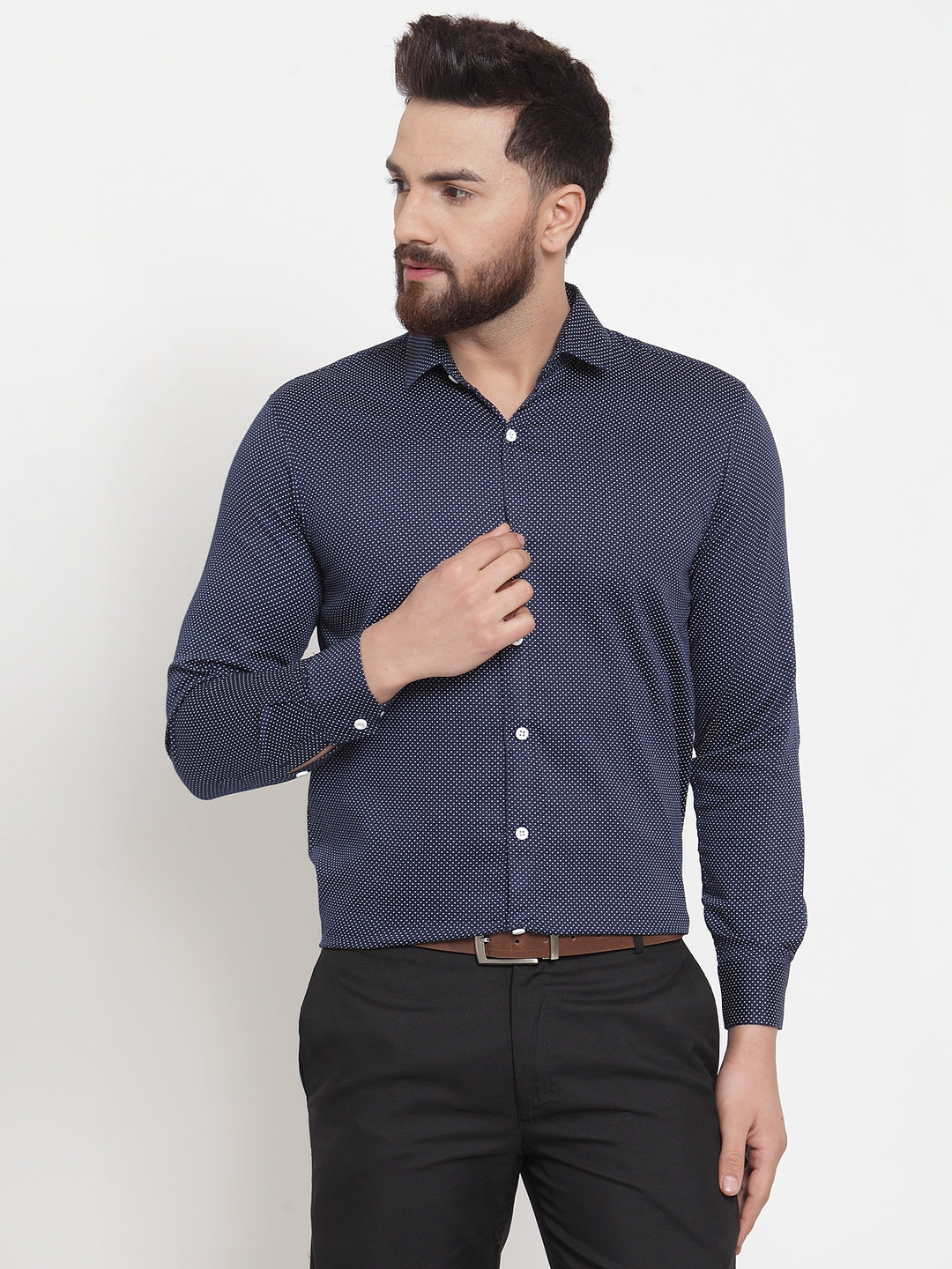 Jainish Navy Men's Cotton Polka Dots Formal Shirts ( SF 736Navy ) | Grocsy