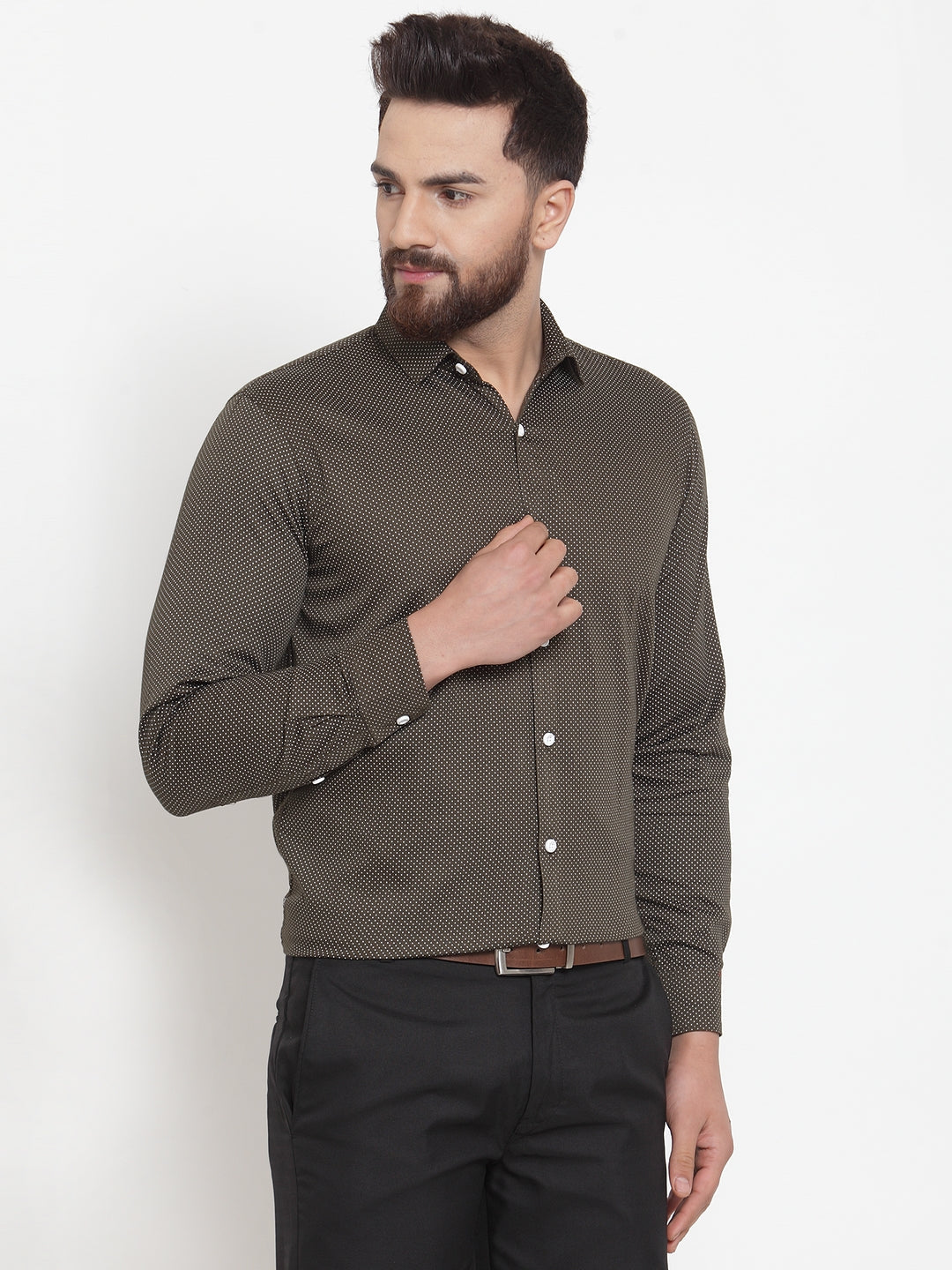 Jainish Olive Men's Cotton Polka Dots Formal Shirts ( SF 736Olive ) | Grocsy