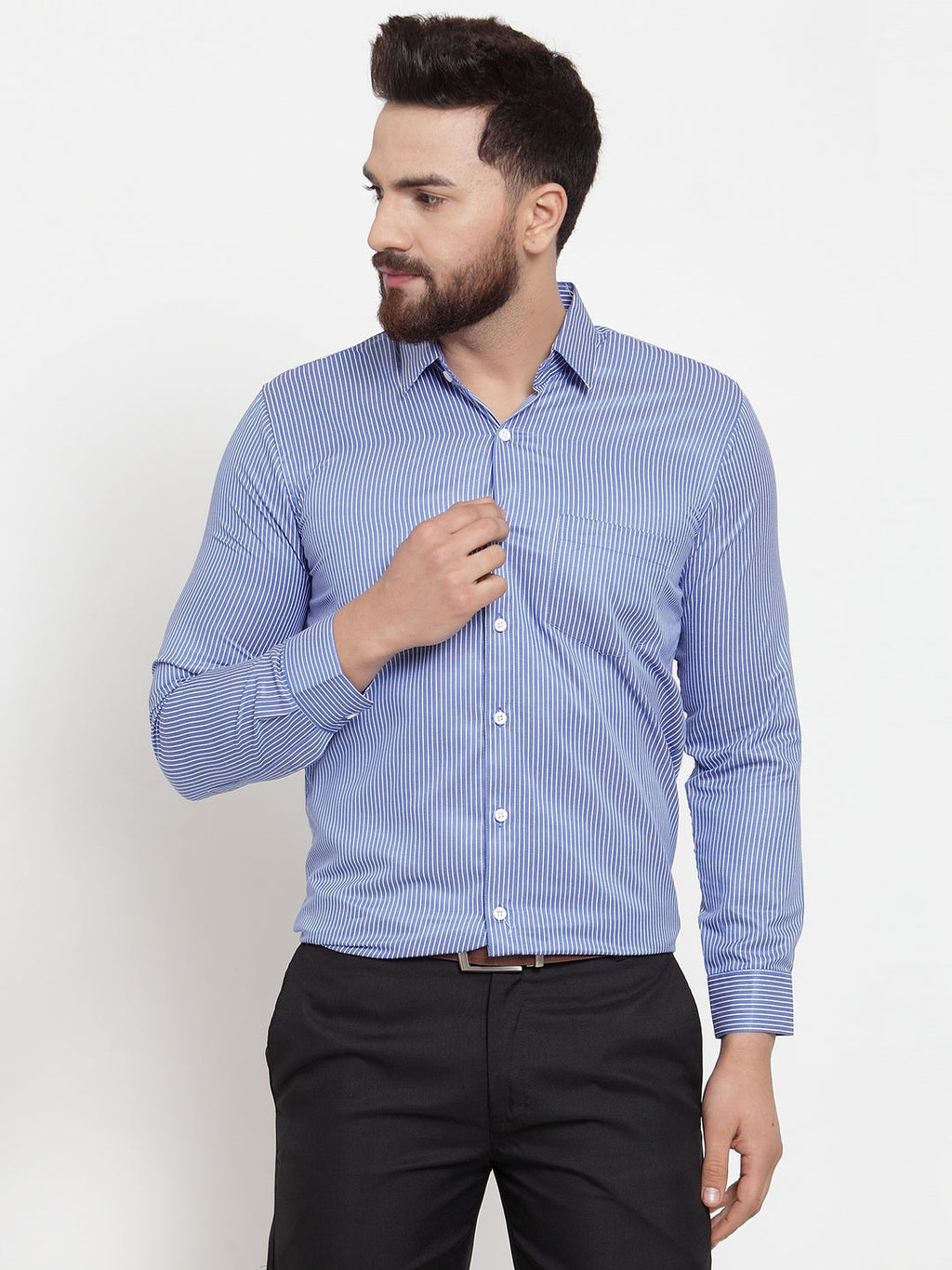 Jainish Blue Men's Cotton Stiped Formal Shirts ( SF 737Blue ) | Grocsy