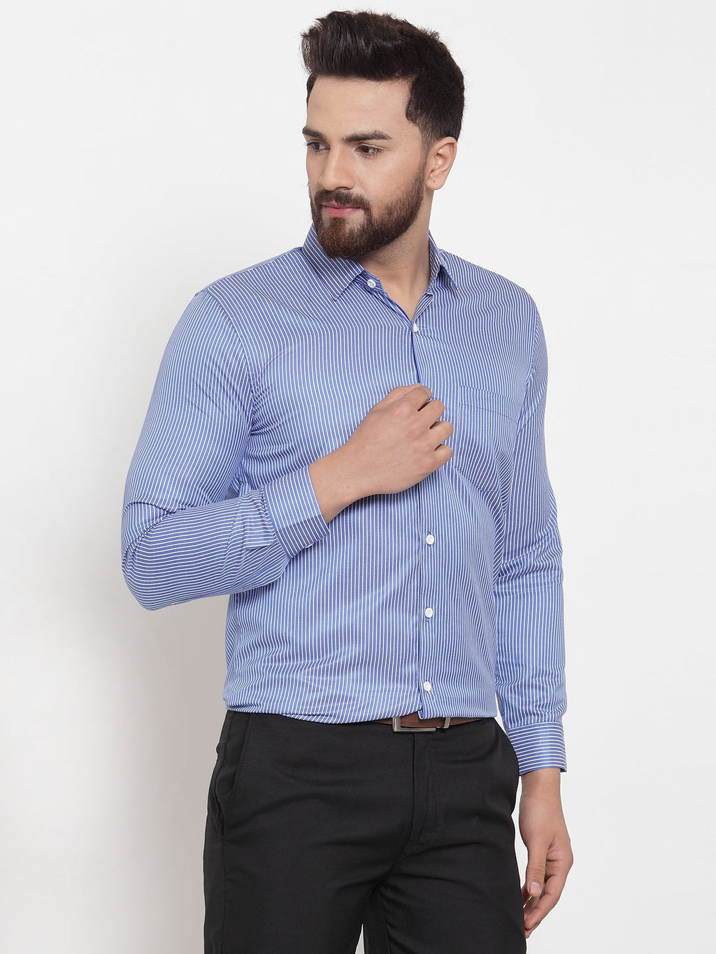 Jainish Blue Men's Cotton Stiped Formal Shirts ( SF 737Blue ) | Grocsy