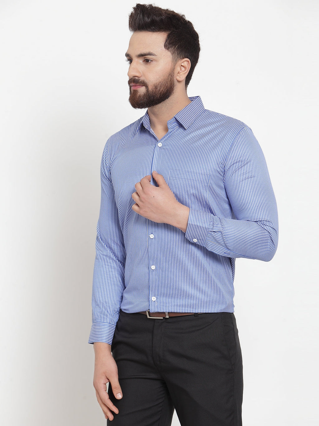 Jainish Blue Men's Cotton Stiped Formal Shirts ( SF 737Blue ) | Grocsy