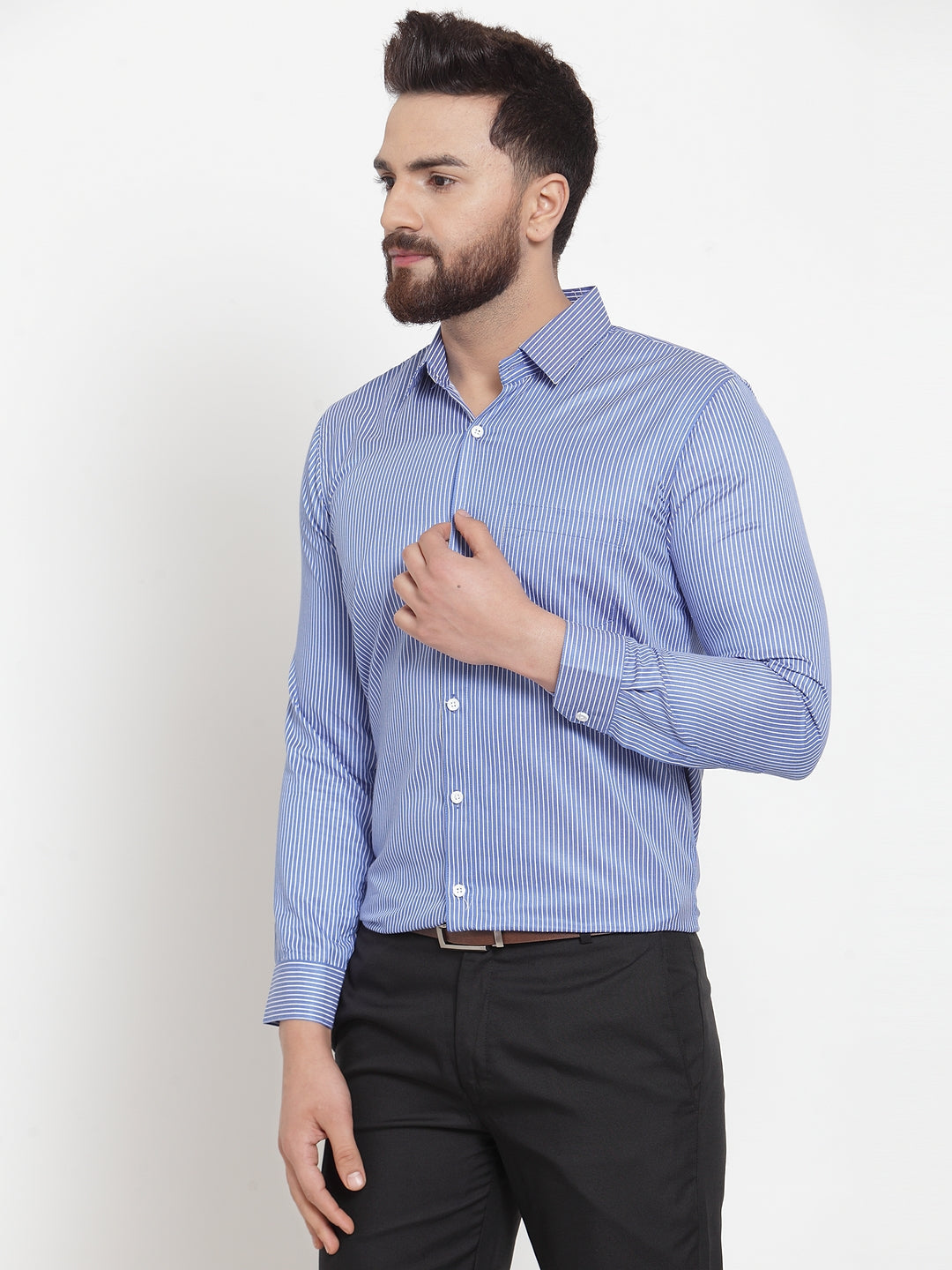 Jainish Blue Men's Cotton Stiped Formal Shirts ( SF 737Blue ) | Grocsy