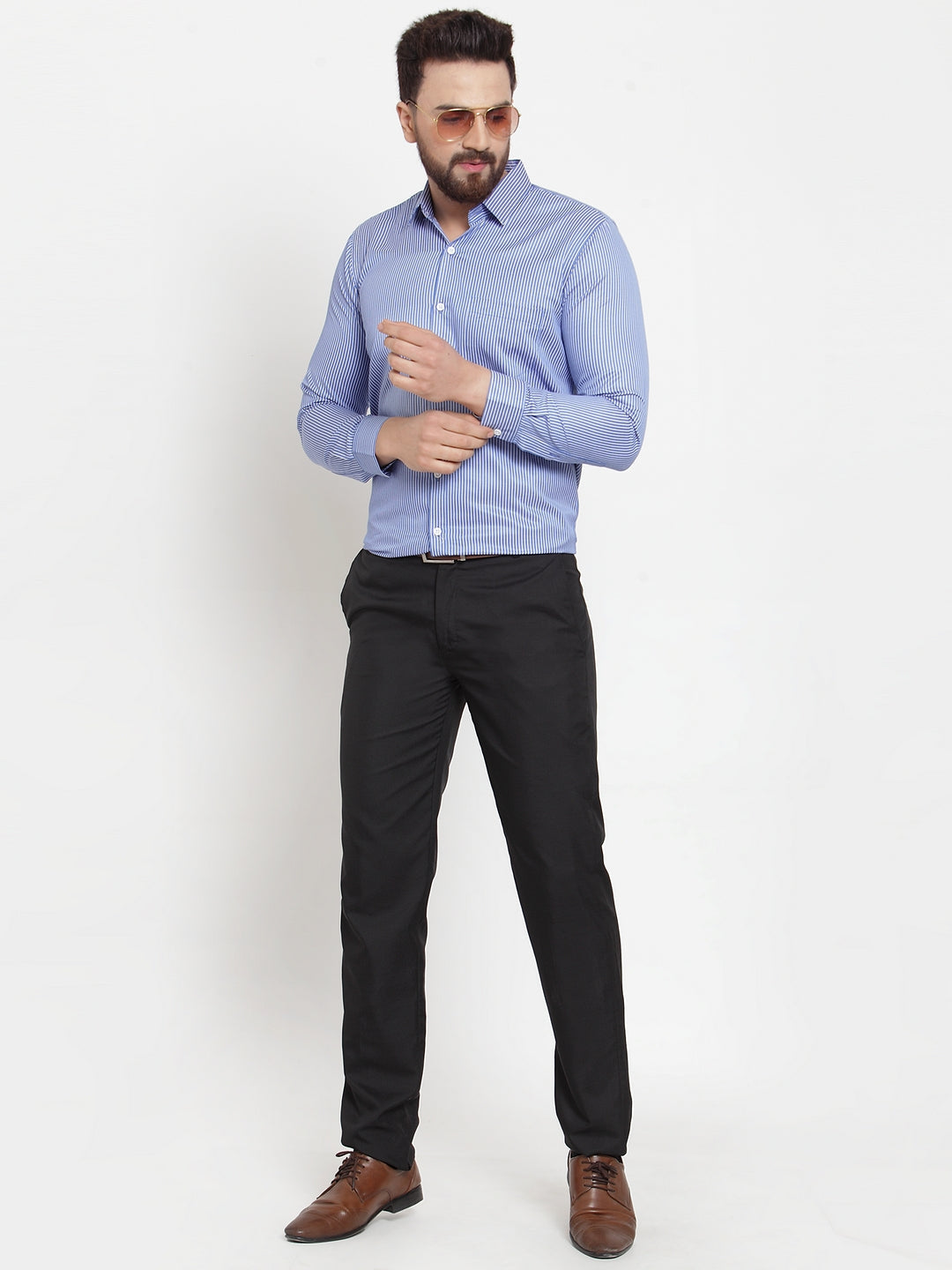Jainish Blue Men's Cotton Stiped Formal Shirts ( SF 737Blue ) | Grocsy