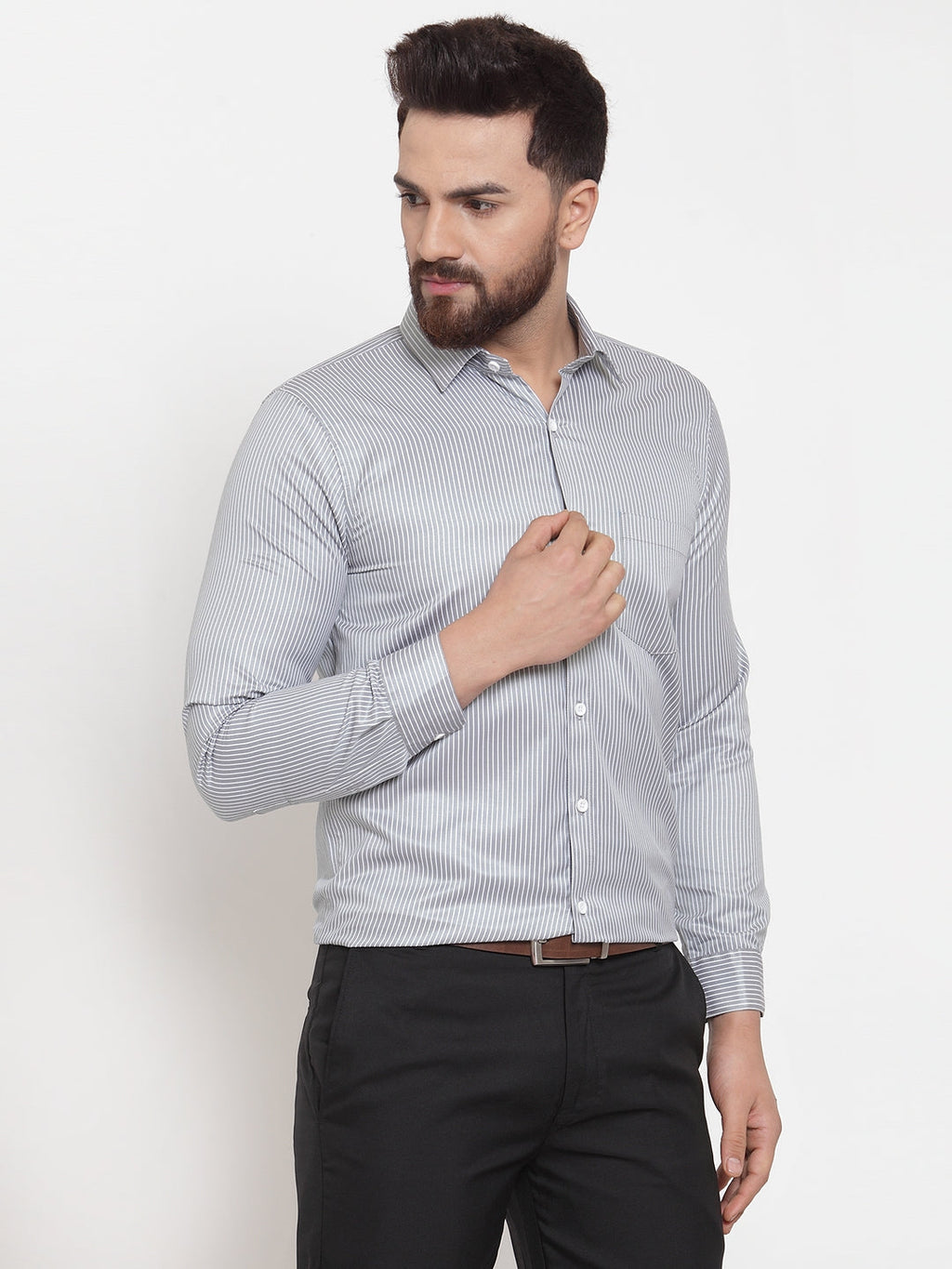 Jainish Grey Men's Cotton Stiped Formal Shirts ( SF 737Grey ) | Grocsy