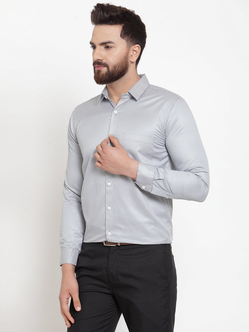 Jainish Grey Men's Cotton Stiped Formal Shirts ( SF 737Grey ) | Grocsy