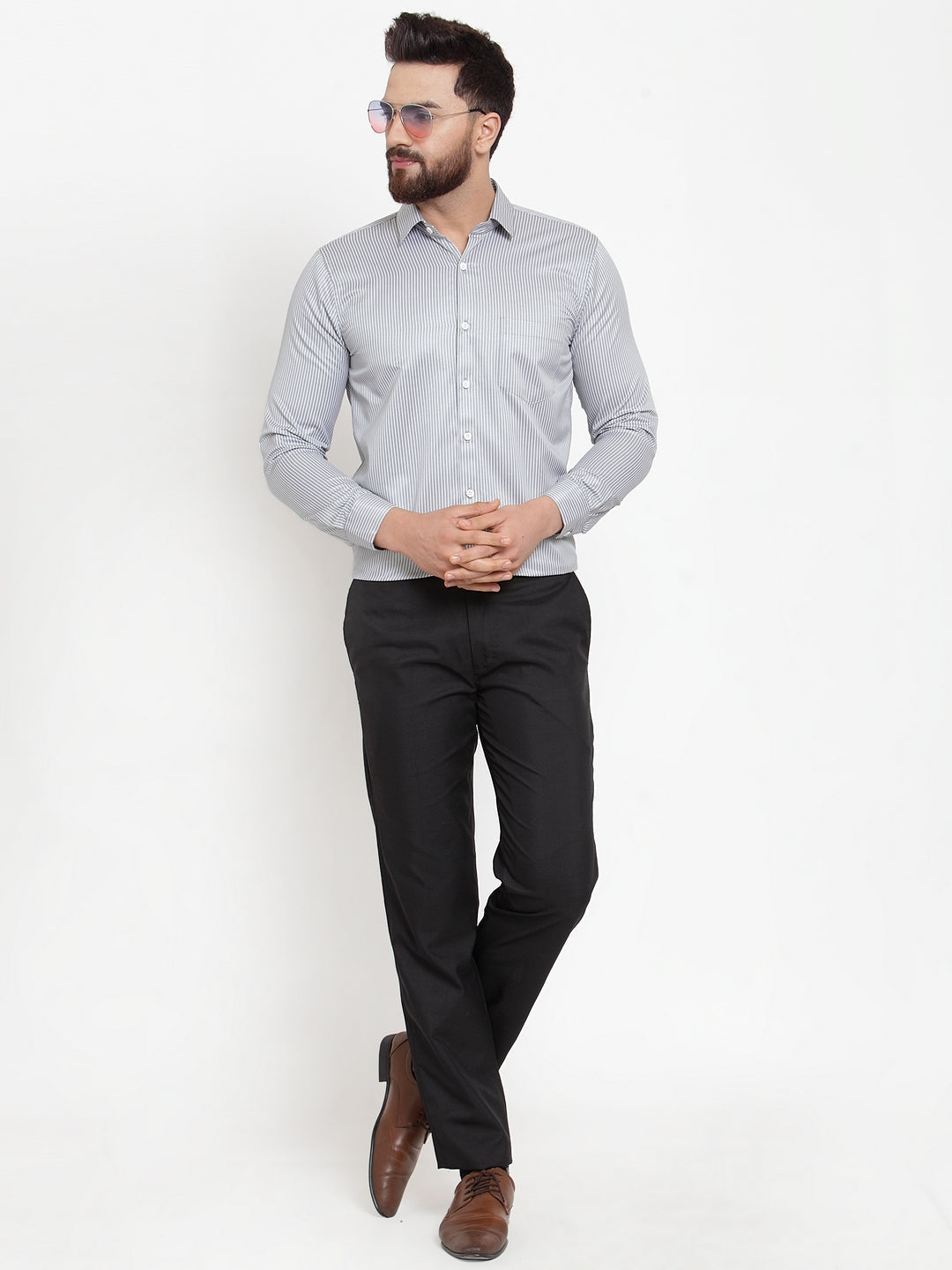 Jainish Grey Men's Cotton Stiped Formal Shirts ( SF 737Grey ) | Grocsy