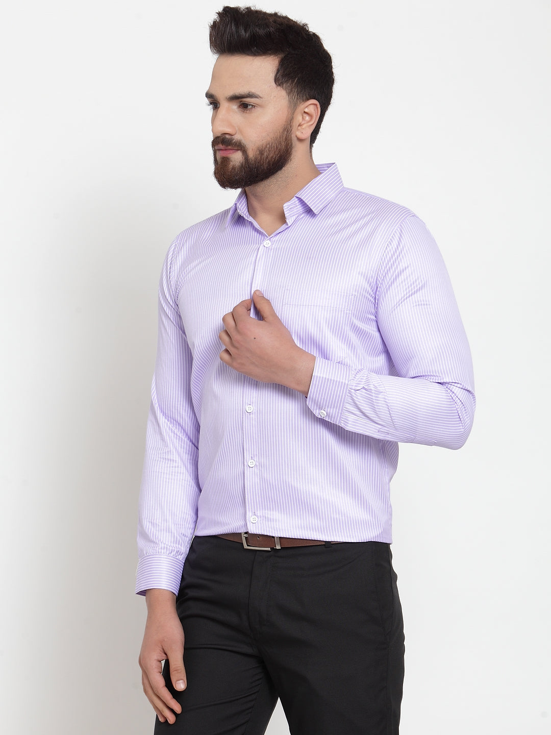 Jainish Purple Men's Cotton Stiped Formal Shirts ( SF 737Light-Purple ) | Grocsy