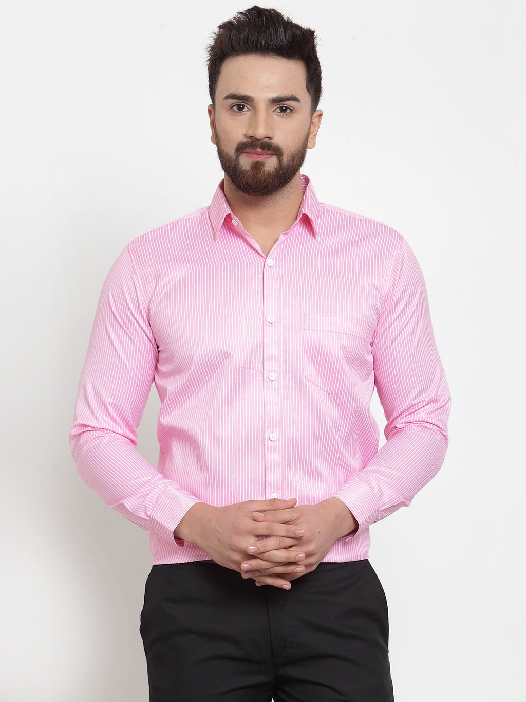 Jainish Pink Men's Cotton Stiped Formal Shirts ( SF 737Pink ) | Grocsy
