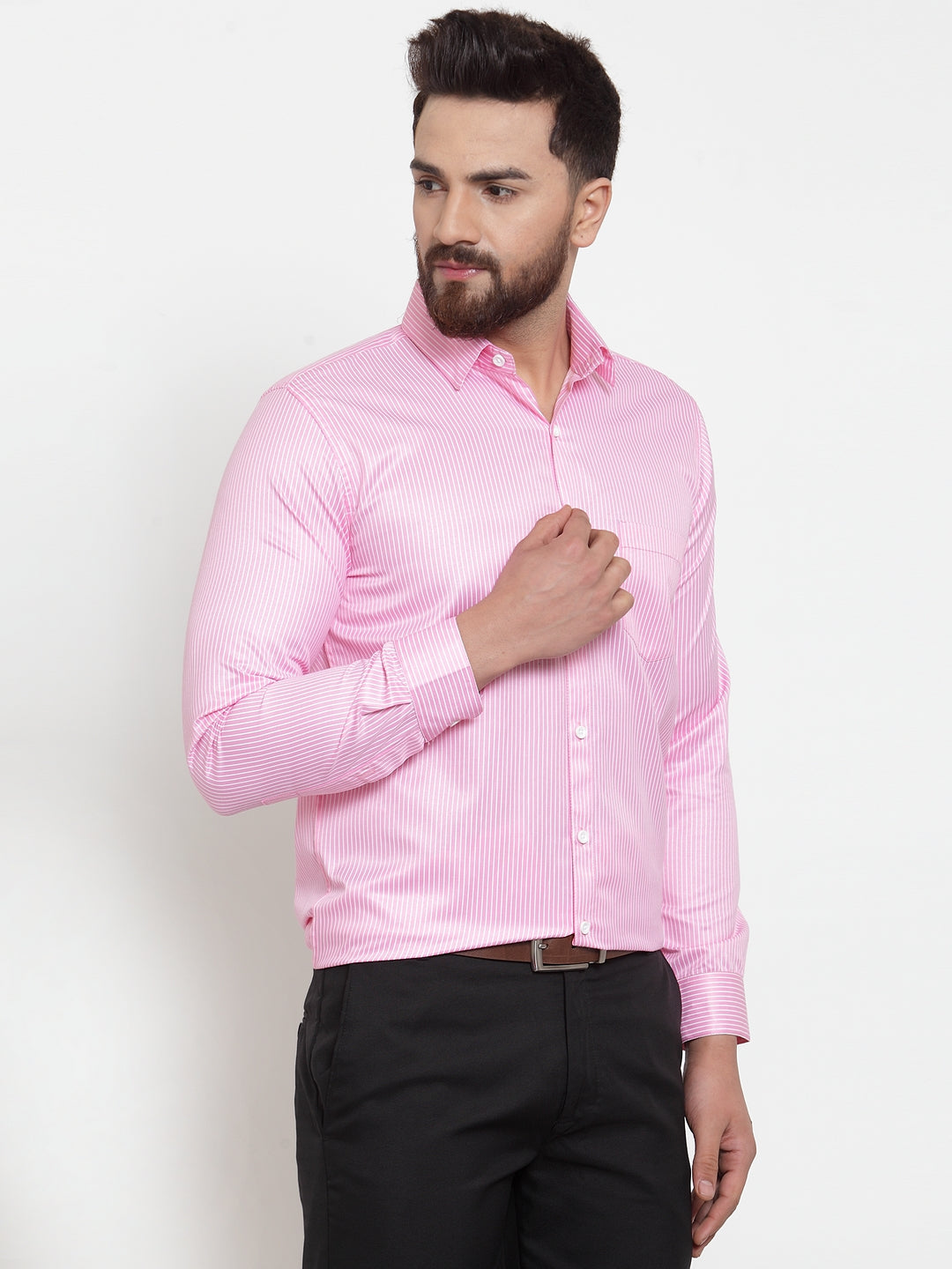 Jainish Pink Men's Cotton Stiped Formal Shirts ( SF 737Pink ) | Grocsy