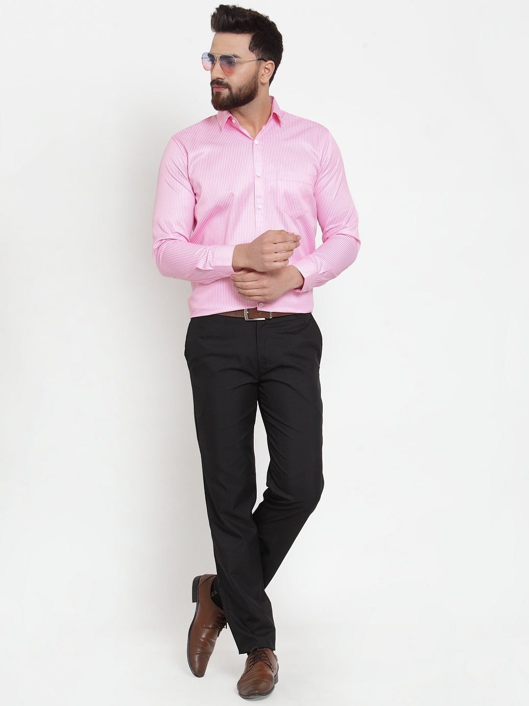 Jainish Pink Men's Cotton Stiped Formal Shirts ( SF 737Pink ) | Grocsy