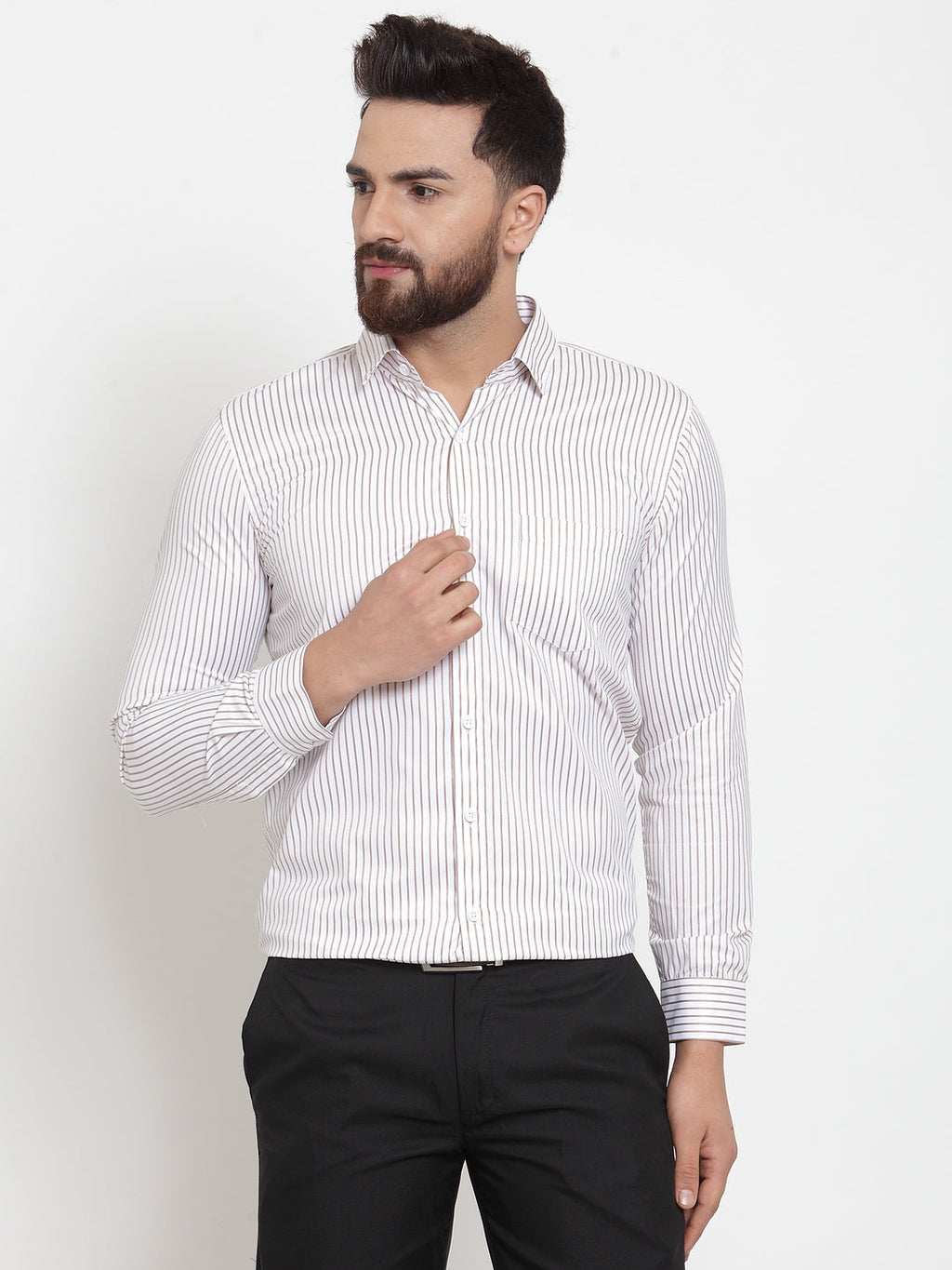 Jainish White Men's Cotton Stiped Formal Shirts ( SF 737White ) | Grocsy