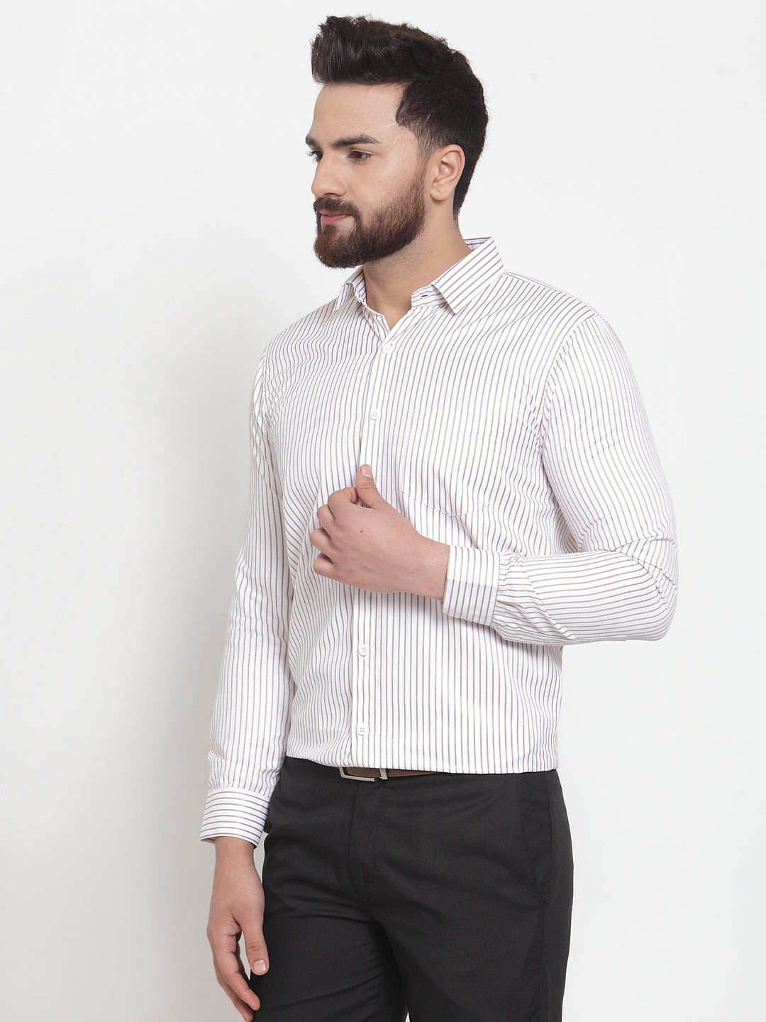 Jainish White Men's Cotton Stiped Formal Shirts ( SF 737White ) | Grocsy