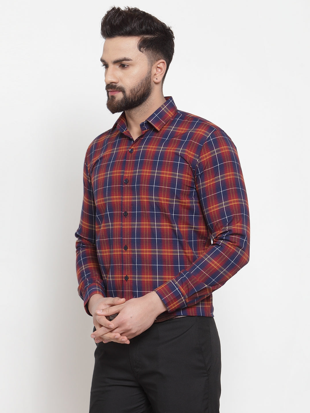 Jainish Multi Men's Cotton Checked Formal Shirts ( SF 741Blue-Red ) | Grocsy