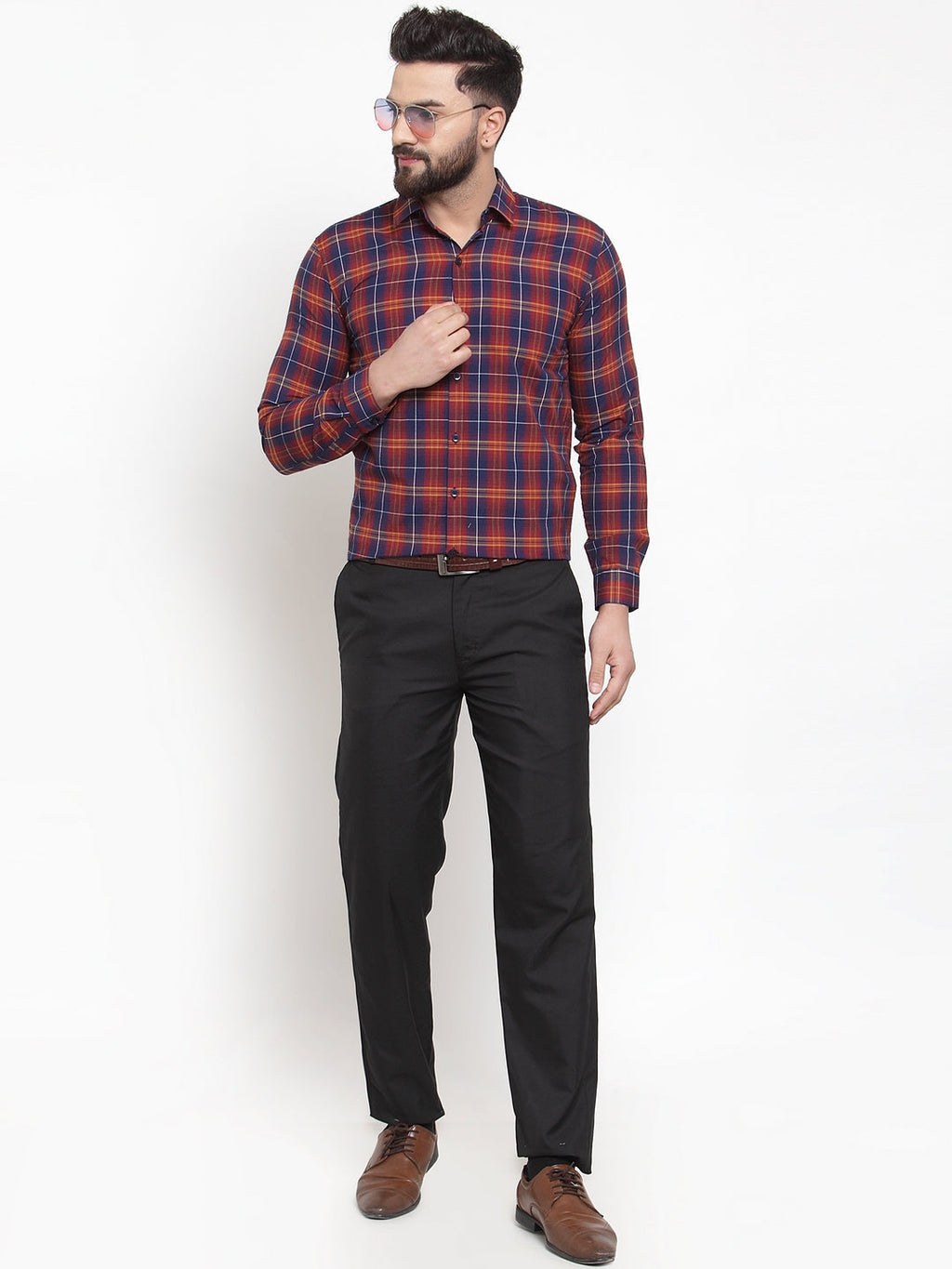 Jainish Multi Men's Cotton Checked Formal Shirts ( SF 741Blue-Red ) | Grocsy